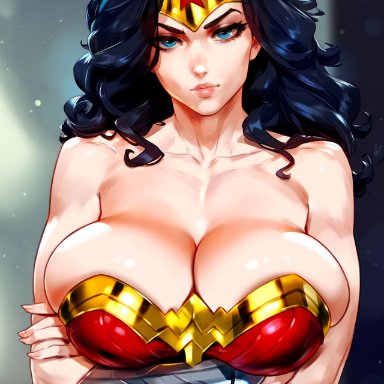 dc comics, justice league, wonder woman (series), diana prince, wonder woman, floxin, 1girls, bare shoulders, black hair, blue eyes, breasts, circlet, cleavage, closed mouth, clothing