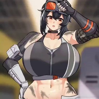 mihoyo, zenless zone zero, grace howard, imjustthatkinky, miruyuyo, bare shoulders, big breasts, black gloves, black hair, black sports bra, bouncing breasts, breasts, chocker, dirty, dirty body