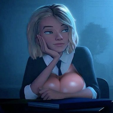 marvel, marvel comics, gwen stacy, spider-gwen, 1girls, bimbo, bimbofication, blonde hair, blue eyes, blush, boob window, breasts, dyed hair, huge breasts, large breasts