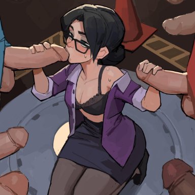 team fortress 2, demoman, heavy weapons guy, miss pauling, scout (team fortress 2), sniper (team fortress 2), amugea, 1girls, 8boys, big penis, black hair, blush, bra, captured, clothed