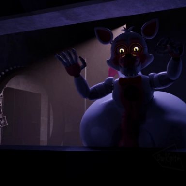 five nights at freddy's, funtime foxy (fnaf), funtime foxy (fnafsl), lolbit (fnaf), darkspite, 2boys, animatronic, erect penis, femboy, fox, fox ears, fox tail, furry, huge ass, hyper ass