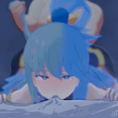 aqua (konosuba), akrscoi, 1boy, 1boy1girl, 1girls, after sex, bed, bed sheet, blue eyes, blue hair, blush, cum, cum in pussy, cum inside, cyan hair