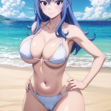 fairy tail, juvia lockser, arisato yu, 1girls, beach, big breasts, bikini, blue hair, female, female only, thick thighs, white bikini, ai generated