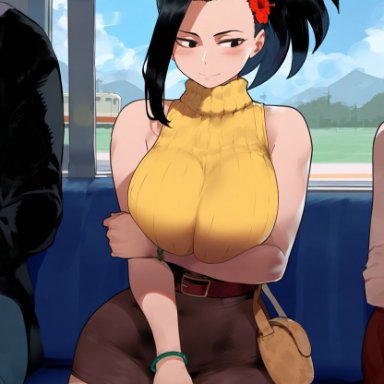 my hero academia, momo yaoyorozu, erotic nansensu, asymmetrical bangs, belt, big breasts, bracelet, curvy, hair flower, handbag, high-waist skirt, miniskirt, ponytail, short skirt, shy