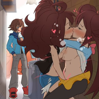 pokemon, pokemon bw, pokemon bw2, hilbert (pokemon), hilda (pokemon), rosa (pokemon), pocha, 1boy, 2girls, against wall, alley, brown hair, clothed sex, denim, denim shorts