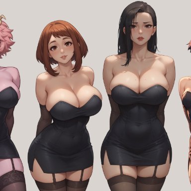 boku no hero academia, my hero academia, kyoka jiro, mina ashido, momo yaoyorozu, ochako uraraka, iknowkungfu42, 4girls, alternate costume, auburn hair, bare shoulders, big breasts, black clothing, black dress, black hair