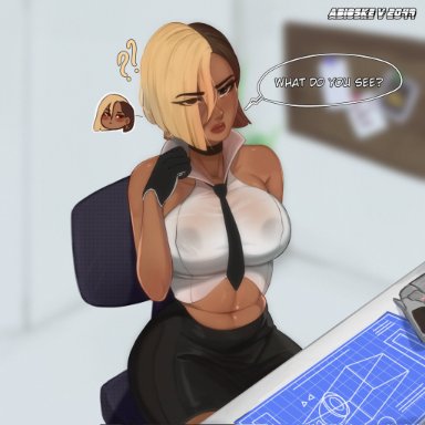 fortnite, fortnite: battle royale, antonia (fortnite), abioske, 1girls, abdomen, annoyed, annoyed expression, belly, belly button, big ass, big breasts, big thighs, blueprint, dark hair