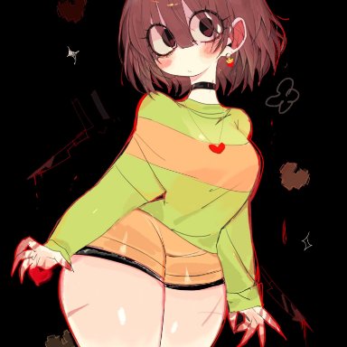 undertale, undertale (series), chara, chara (undertale), usa37107692, blood, bloody hands, looking at viewer, staring at viewer, thighs, tagme