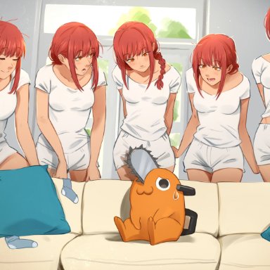 chainsaw man, makima (chainsaw man), pochita (chainsaw man), khyleri, 1boy, 1girls, big ass, big breasts, bottomless, female, female focus, funny, midriff, navel, red hair