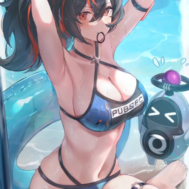 zenless zone zero, zhu yuan, yousuketwelve, alternate costume, arm strap, armpits, arms up, bikini, black hair, blue bikini, blush, breasts, cleavage, criss-cross halter, female