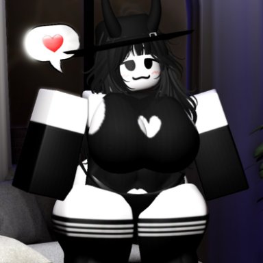 roblox, roblox avatar, bedroom, big breasts, big butt, big thighs, black hair, black hat, black horns, blush, heart, high tights, panties, smile, smug face