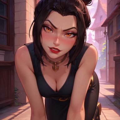 avatar legends, avatar the last airbender, nickelodeon, azula, sarahvividart, 1girls, all fours, black hair, blush, blushed, cleavage, clothed, dark hair, female, female focus