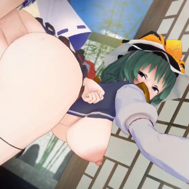 touhou, eiki shiki, kochiya sanae, sanae kochiya, shiki eiki, th wrd str, 1futa, against wall, alternate costume, anal, architecture, ass, black panties, black skirt, black thighhighs