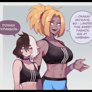 jules jagger (nyantcha), original character, original characters, yorra villeneuve, kegato, rinkegato, thiccwithaq, 2girls, abs, black hair, blonde hair, breast envy, breast expansion, breast size difference, breasts