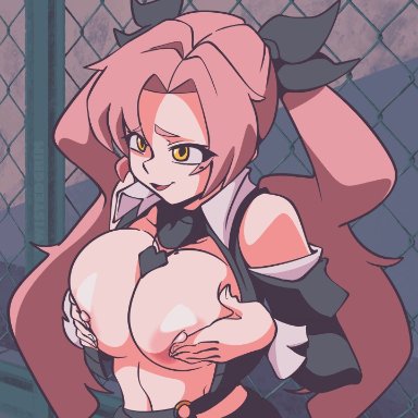 zenless zone zero, nicole demara, twistedgrim, large breasts, nipples, pink hair, ribbon, shaking breasts, twintails, animated