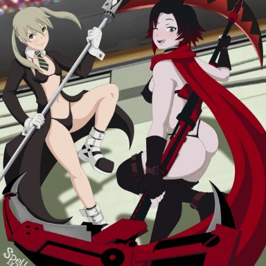 rwby, soul eater, maka albarn, ruby rose, spellcaster knight, 2girls, bikini, blonde hair, boots, coat, coat on shoulders, fingerless gloves, gloves, green eyes, grey eyes