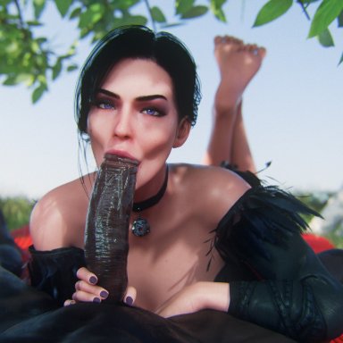 the witcher (series), the witcher 3: wild hunt, yennefer, leeterr, 1boy, 1girls, blowjob, blowjob face, cock, cock on face, dark skin, dark-skinned male, fellatio, interracial, light skin