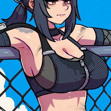 zenless zone zero, grace howard, akairiot, abs, bangs, big breasts, black hair, breasts, bust-waist contrast, cleavage, dirty, drool, drool on chin, drooling, elbow gloves