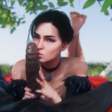 the witcher (series), the witcher 3: wild hunt, yennefer, leeterr, 1boy, 1girls, cock, cock on face, dark skin, dark-skinned male, interracial, kissing, kissing penis, large penis, light skin