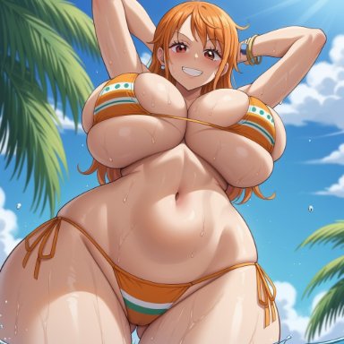 one piece, shonen jump, nami, nami (one piece), from, 1girls&nbsp;bikini&nbsp;bikini, behind, bigger, bottom&nbsp;bikini, breasts&nbsp;mature, eyes&nbsp;cleavage&nbsp;cleavage, female, female only, focus&nbsp;female, head&nbsp;brown