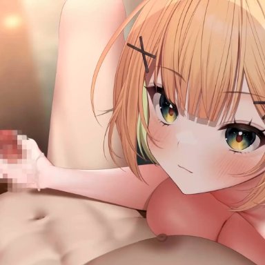 original, haiba 09, lapin gris, 1boy, 1girls, blonde hair, blush, cum, cum on self, ejaculation, fake animal ears, fake cat ears, female, green eyes, hair ornament