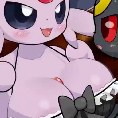 creatures (company), game freak, nintendo, pokemon, eeveelution, espeon, generation 2 pokemon, pokemon (species), umbreon, sateco, 1boy, 1girls, anthro, big breasts, blush