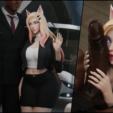 k/da series, league of legends, ahri, k/da ahri, eskandart, 1boy, after fellatio, blonde hair, blue eyes, completely nude, cum on face, cum on tongue, dark-skinned male, erection, female