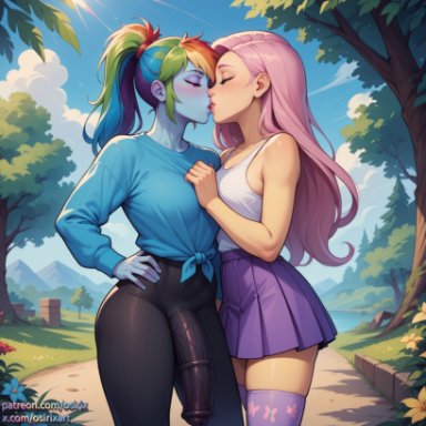 my little pony, fluttershy (mlp), rainbow dash (mlp), osirix, blue skin, bulge through clothing, colored skin, futa on female, futa with female, futanari, horse penis, horsecock, horsecock bulge, horsecock futanari, kissing