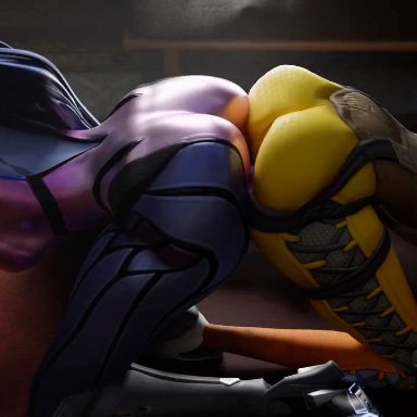 overwatch, overwatch 2, amelie lacroix, lena oxton, tracer, widowmaker, aeondud, 2girls, ass, ass to ass, big ass, black hair, brown hair, bubble butt, butt bump