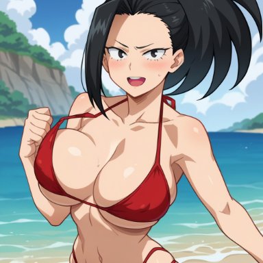 boku no hero academia, my hero academia, momo yaoyorozu, yaoyorozu momo, aindroidparanoid, ass, beach, big breasts, bikini, black eyes, black hair, bouncing breasts, busty, cameltoe, from behind