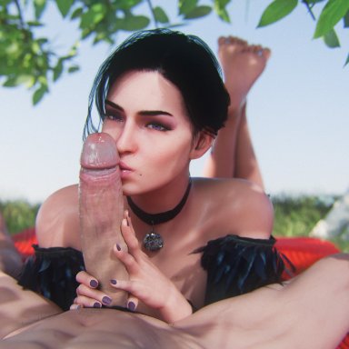 the witcher (series), the witcher 3: wild hunt, yennefer, leeterr, 1boy, 1girls, beauty mark, black hair, choker, cock, cock on face, cock worship, feet, feet up, handjob