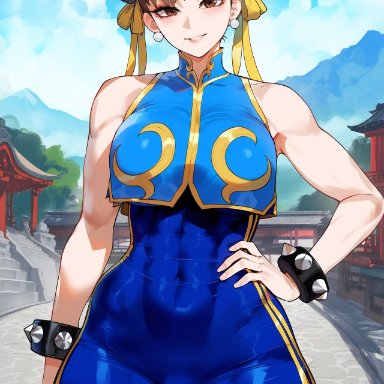 street fighter, chun-li, creamy ai, blue bodysuit, bodysuit, brown eyes, brown hair, curvy, double bun, large breasts, narrow waist, skindentation, thick thighs, toned, unitard