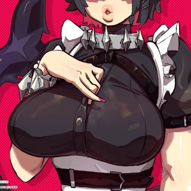 hoyoverse, mihoyo, zenless zone zero, ellen joe, liuskin, 1girls, big breasts, black hair, breasts focus, busty, clothed, dark hair, dick sucking lips, female, female only