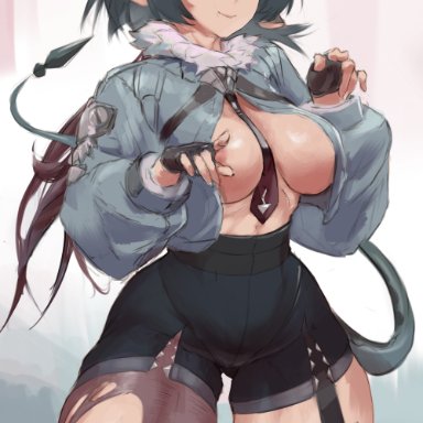 zenless zone zero, jane doe (zenless zone zero), duffmox, 1girls, areolae, big breasts, black gloves, breasts, breasts out, clothed, mouse ears, mouse girl, mouse tail, nipples, pantyhose