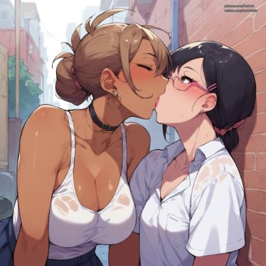 pasart, 2girls, age difference, alley, french kiss, gyaru, kissing, lesbian, nerd, outdoors, size difference, yuri, ai generated