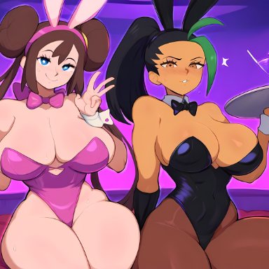 playboy, pokemon, pokemon bw2, pokemon sv, nemona (pokemon), rosa (pokemon), mullon, 2girls, dark skin, dark-skinned female, large breasts, light-skinned female, playboy bunny, playboy bunny leotard, playboy outfit