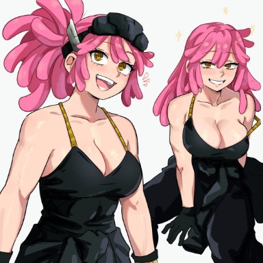 my hero academia, mei hatsume, dashi art, 1girls, adult, aged up, breasts, busty, cleavage, female, fully clothed, large breasts, looking at viewer, mechanic, pink hair