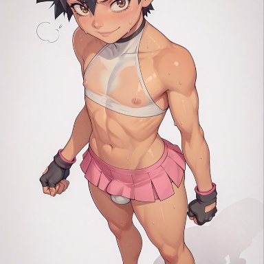 pokemon, ash ketchum, satoshi (pokemon), creatronart, 1boy, brown eyes, bulge, crop top, crossdressing, femboy, fingerless gloves, gloves, high heels, male, male only