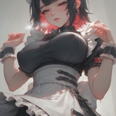 zenless zone zero, ellen joe, unforgiving, breasts, covered nipples, large breasts, maid outfit, maid uniform, pantyhose, shark girl, short hair, skirt, sweat, wet, ai generated