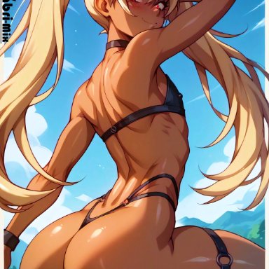 darabri-mix, 1boy, abs, armpits, ass, bare shoulders, bench, bikini, brown skin, bulge, cute, detached sleeves, femboy, feminine male, from behind