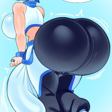 skye (sarahhyperfan), angstrom, 1futa, amber eyes, back, back view, backsack, baggy pants, balls, blue hair, breasts, clothed, clothing, ear piercing, flaccid