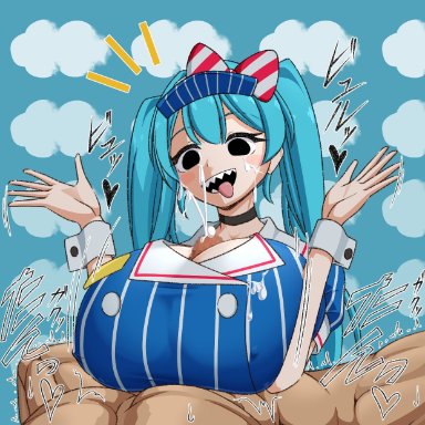 mesmerizer (vocaloid), vocaloid, hatsune miku, mesmerizer miku, ero ushinu2020, 1boy, 1girls, aqua hair, blue dress, blue hat, blush, blush stickers, breasts, breasts focus, breasts out