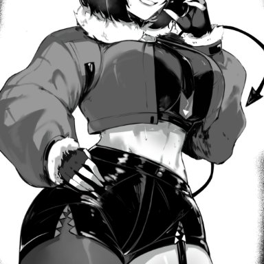 hoyoverse, mihoyo, zenless zone zero, jane doe (zenless zone zero), masoq095, 1girls, animal ears, asymmetrical legwear, big breasts, black hair, bob cut, busty, clothed, curves, curvy