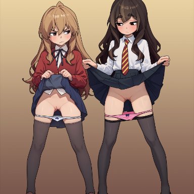 original, toradora!, aisaka taiga, 2girls, angry, annoyed, black bow, black bowtie, black footwear, black ribbon, black skirt, black thighhighs, blazer, blue skirt, blush