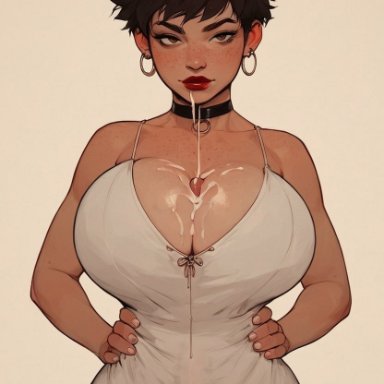 ai generated, broskybro, after orgasm, autopaizuri, autopaizuri under clothes, bulge, choker, cum in mouth, cum on breasts, cum on face, earrings, evening dress, freckles, futanari, hands on hips