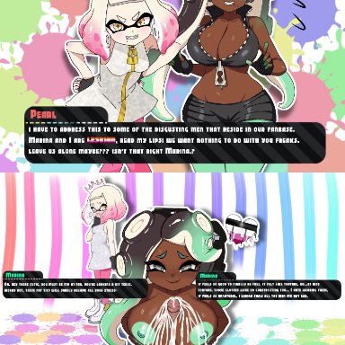 nintendo, splatoon, splatoon 2, splatoon 3, inkling, inkling girl, marina (splatoon), octoling, octoling girl, off the hook (splatoon), pearl (splatoon), unepicroachy (leepicmochi), 2 girls, alternate skin color, bare shoulders