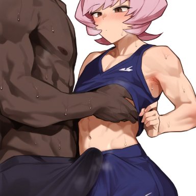 komi-san wa komyushou desu, osana najimi, 1boy, abs, androgynous, bare shoulders, biceps, blush, boy, bulge, dark skin, dark-skinned male, erect penis, erection, erection under clothes