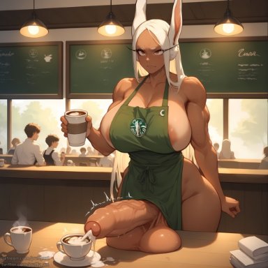 my hero academia, starbucks, mirko, miruko, puffyart, 1futa, annoyed, apron, apron between breasts, apron lift, apron only, areola, areolae, balls, barista