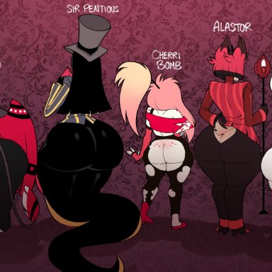 hazbin hotel, alastor (hazbin hotel), cherri bomb (hazbin hotel), husk (hazbin hotel), sir pentious (hazbin hotel), blackwhiplash, vivienne medrano, 1girls, 4boys, alternate ass size, alternate body type, angel, anthro, arm behind back, armwear