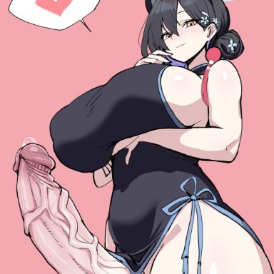 blue archive, character request, xipa, 1futa, animal ears, arm under breasts, balls, big breasts, black dress, black hair, blue halo, bottomless, breasts, china dress, chinese clothes